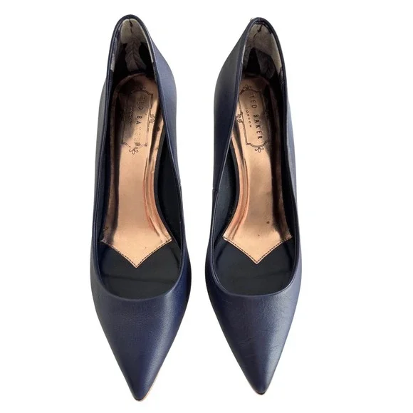 Ted Baker London Navy Leather Pumps 39 Pointed Toe Stiletto Gold Toe Cap Heels - Picture 2 of 10